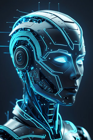 This image is a close-up of a futuristic robotic head, showcasing its intricate design. Bright blue neon lines trace the contours of the metallic face and skull, highlighting the embedded circuit board patterns. The eyes glow intensely with a vibrant blue light, conveying a sense of advanced intelligence. The dark background accentuates the luminous technological details of the AI.の素材