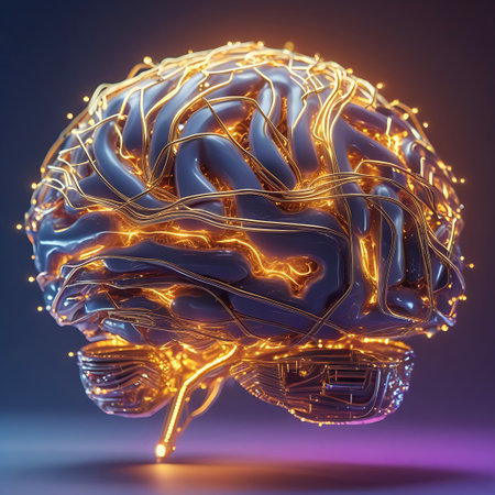 This 3D render showcases a dark blue human brain model with a highly detailed surface. A vibrant network of bright orange and yellow lights, interconnected by thin wires, encircles the brain, representing active neural pathways. The lighting creates a dramatic effect against the dark blue and purple gradient background.の素材