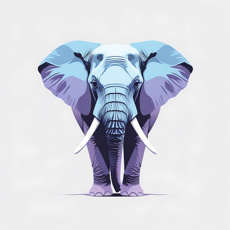 This is a front-facing, stylized illustration of an elephant. The creature is depicted in shades of grey, with distinct tusks and a detailed trunk. The large ears are spread wide and colored with a cool gradient of blue and purple. The elephant is positioned on a plain white background with a faint shadow.の素材