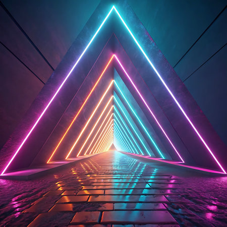 An abstract, futuristic tunnel formed by repeating triangular arches outlined with vibrant neon lights in shades of purple, pink, blue, and teal. The floor is made of textured bricks that are wet and highly reflective, mirroring the glowing lights and creating a sense of depth and illusion. The perspective draws the viewer into the vanishing point of the corridor, bathed in an atmospheric and dynamic glow.の素材