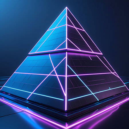 A three-dimensional pyramid structure is depicted with sharp geometric lines and a grid pattern. The edges and internal lines of the pyramid are illuminated with vibrant neon lights in shades of blue and pink. The structure sits on a dark, reflective surface, with a subtle digital grid visible in the background.の素材