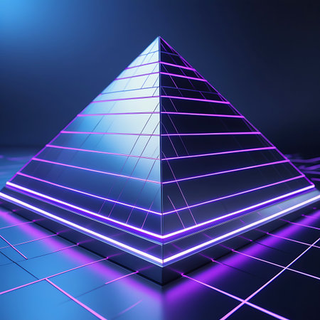 A metallic pyramid with horizontal purple neon lines and a glowing purple base sits on a reflective grid floor. The background is a dark blue gradient, with subtle hints of light reflecting from the pyramid. The overall aesthetic is futuristic and abstract, emphasizing geometric form and vibrant illumination.の素材