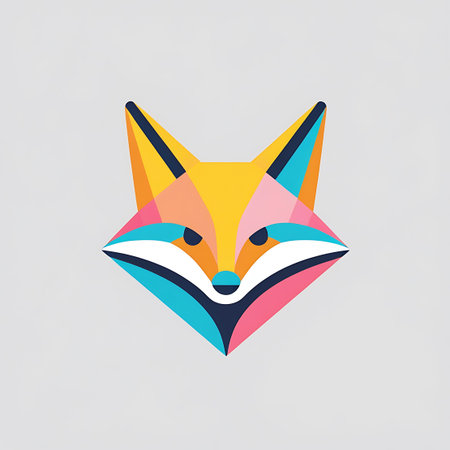 A geometric illustration of a fox's head is displayed on a simple gray background. The fox is depicted in a low-poly, polygonal style with distinct facets and sharp lines. The artwork features a bright and varied color scheme including orange, yellow, blue, pink, white, and black.の素材