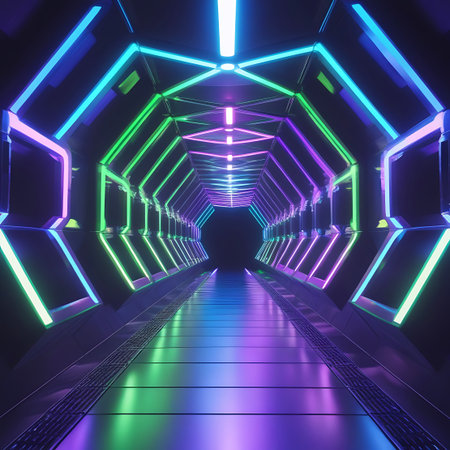 An advanced futuristic corridor featuring an octagonal design with prominent neon lighting in blue, green, and pink. The geometric structure is enhanced by glowing frames along the walls, creating a dynamic and immersive visual experience. The reflective floor amplifies the vibrant colors, leading into a dark, mysterious vanishing point.の素材
