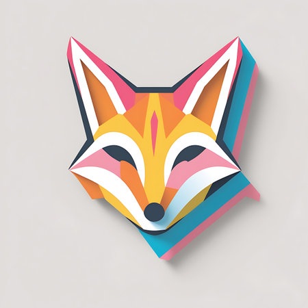 A geometric illustration of a fox's head is presented on a white background, casting a subtle shadow that gives it a sense of depth. The fox is rendered in a low-poly, polygonal style with sharp edges. The artwork utilizes a vibrant palette of orange, yellow, blue, pink, white, and black to define its features.の素材