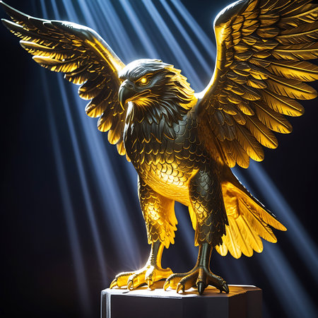 This image features a detailed sculpture of a golden eagle with its wings outstretched. A strong spotlight shines down from above, creating dramatic highlights and shadows on the metallic surface. The eagle's form is rendered with intricate feather detail and sharp talons, perched on a dark, indistinct base. The background is dark, emphasizing the brilliance of the golden sculpture.の素材