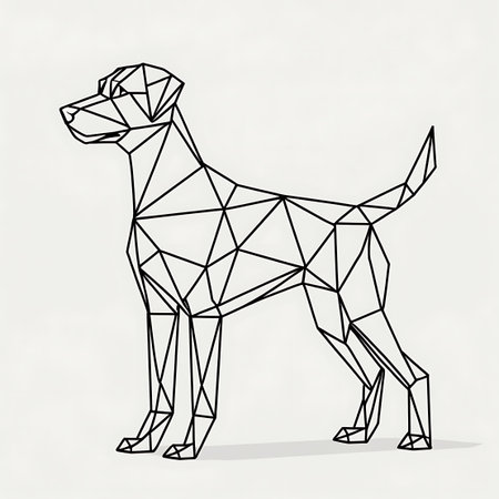 A minimalist geometric wireframe illustration of a dog standing in profile. The dog's form is constructed from interconnected lines and polygons, creating a faceted, low-poly appearance. The artwork is presented in black and white against a light, textured background, emphasizing the clean lines and abstract representation of the canine.の素材