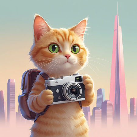 This illustration features an adorable ginger cat with striking green eyes, holding a camera and sporting a backpack. The cat's gaze is directed upwards, conveying a sense of wonder. The backdrop is a vibrant cityscape with towering skyscrapers, rendered in soft, pastel hues, evoking a feeling of adventure and urban discovery.の素材