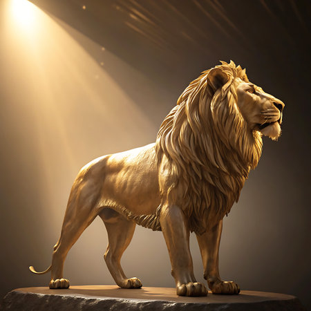 A full-body statue of a majestic golden lion standing on a textured stone pedestal. The statue is dramatically illuminated by a strong beam of light from above, casting shadows and highlighting its powerful form and detailed mane. The background is dark and moody, emphasizing the golden glow of the lion. The overall impression is one of grandeur and strength.の素材