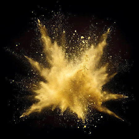 A dynamic and energetic explosion of golden powder against a stark black background. Fine golden particles and larger glitter fragments are captured mid-air, creating a visually striking and abstract burst of light and texture. The image conveys a sense of celebration and vibrant energy.の素材
