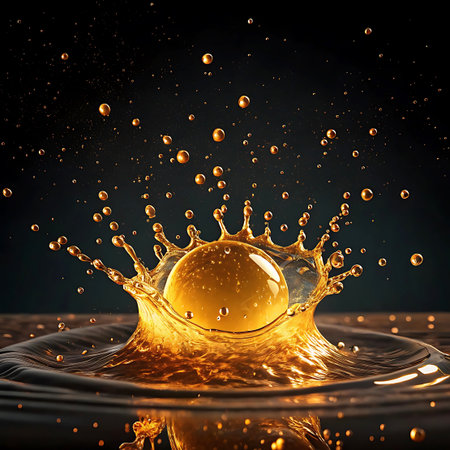 An abstract image depicting a golden sphere impacting a pool of golden liquid, creating a dramatic splash. The sphere is captured at the moment of entry, surrounded by a crown of liquid that is erupting upwards and outwards. Tiny golden droplets are suspended in the air around the main splash. The dark background makes the golden hues of the liquid and sphere intensely vibrant, highlighting the motion and energy of the event.の素材