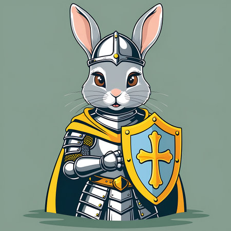 A grey rabbit is portrayed as a knight, wearing a detailed silver armor set and a bright yellow cape with gold trim. The rabbit holds a shield with a golden cross on a blue background. The character is shown from the chest up, standing against a plain, muted green background.の素材
