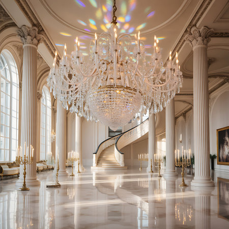 A grand, opulent ballroom with a polished marble floor reflecting the light. A large, multi-tiered crystal chandelier hangs from the high ceiling, casting colorful light. A sweeping spiral staircase with a black railing is visible in the background. Tall arched windows allow natural light to stream in, creating dramatic shadows. Ornate columns and candelabra with lit candles add to the luxurious atmosphere.の素材