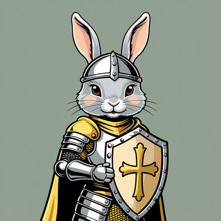 This is a close-up illustration of a grey rabbit depicted as a knight. The rabbit wears a silver armor suit and a yellow cape with gold accents. It holds a shield with a golden cross on a light blue background. The rabbit has a confident expression and stands against a plain, muted green background.の素材