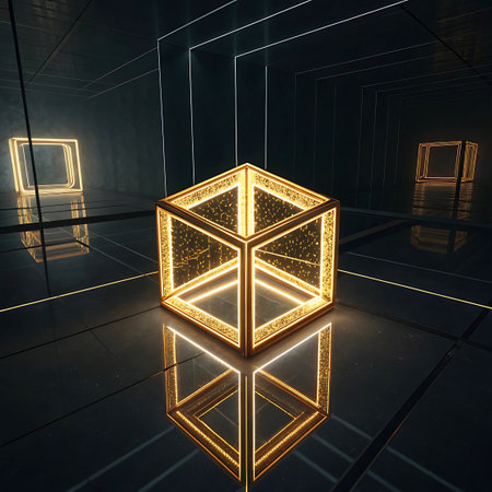 A golden, illuminated cube with internal sparkling particles sits on a highly reflective dark surface. The cube is outlined with glowing golden light, and its transparent sides reveal the shimmering contents within. The surrounding environment is dark and minimalist, with subtle lines of light on the walls and ceiling, creating a sense of depth. The reflection of the cube on the floor is sharp and clear.の素材