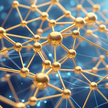 An intricate network of golden spheres and connecting lines is prominently displayed against a dark blue background illuminated by soft blue lights. The golden spheres are highly reflective, showcasing their metallic sheen. The detailed structure suggests a complex system of data or scientific connections, rendered in a futuristic digital style.の素材