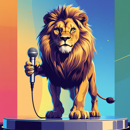 A majestic lion stands confidently on a stage, holding a microphone in its paw. The background features a vibrant gradient of colors, transitioning from orange and yellow to pink, blue, and green. The stylized illustration captures a sense of performance and entertainment, with the lion appearing as a charismatic performer.の素材