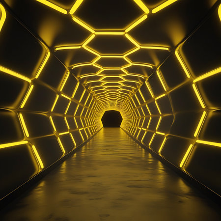 A long, dark tunnel with a repeating hexagonal pattern is brightly illuminated by yellow neon lights. The lights line the walls and ceiling, creating a glowing, geometric corridor that recedes into a dark, distant opening. The floor is dark and highly reflective, mirroring the illuminated structure.の素材