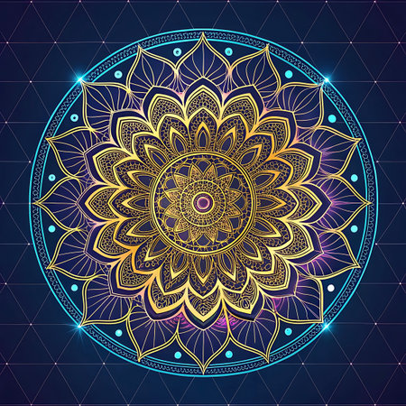 A radiant golden mandala is set against a dark blue background, enhanced by glowing neon blue and subtle purple highlights. The mandala's intricate, symmetrical design features multiple layers of floral and geometric elements. The neon accents create a dynamic and luminous effect, giving the artwork a modern and ethereal quality. The overall composition is visually striking and evokes a sense of spiritual or cosmic energy.の素材