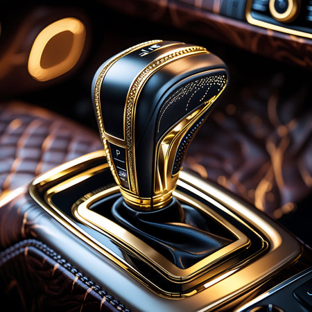 A close-up view of a luxurious car gear shifter, predominantly black with intricate gold detailing. The shifter is surrounded by a gold-plated frame and sits on a console featuring rich wood grain textures and stitched leather. The overall impression is one of opulence and high-end automotive craftsmanship.の素材