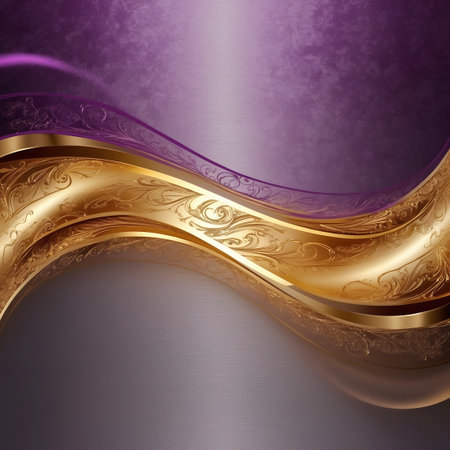 A visually rich abstract background with a prominent, wavy band of textured gold that appears embossed with intricate floral and scroll patterns. This band flows across a gradient background transitioning from a deep purple to a muted grey. The metallic sheen and detailed embossing create a luxurious and sophisticated aesthetic.の素材