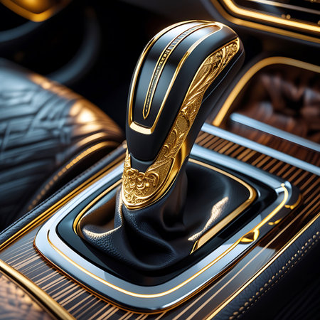 A close-up view of a luxury car's automatic gear shift lever. The lever is primarily black with intricate gold detailing and ornate patterns. It is surrounded by a frame of polished wood veneer with fine gold pinstripes. The surrounding interior shows hints of leather and wood, suggesting a high-end automotive environment.の素材