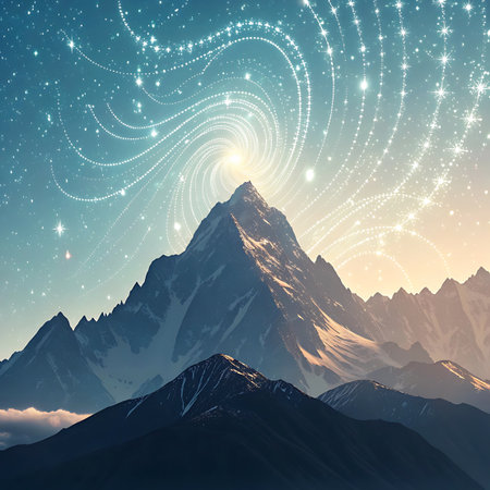 A majestic, snow-capped mountain peak rises dramatically against a twilight sky. Swirling patterns of bright, sparkling starlight and light particles form a luminous vortex above the summit, radiating outwards. The sky transitions from a deep blue at the top to warmer, lighter tones near the horizon. Lower mountain ranges are visible in the foreground.の素材