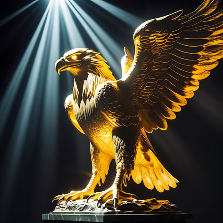A striking, full-body sculpture of a golden eagle stands proudly with its wings spread wide. Dramatic beams of light pierce the dark background, illuminating the metallic, gilded surface of the statue. The eagle's eyes glow, and its detailed feathers and sharp talons are clearly visible, conveying a sense of power and majesty. The sculpture rests on a dark, textured base.の素材