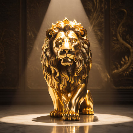 A majestic golden lion statue is positioned in a dramatic spotlight, casting strong shadows. The sculpture is highly detailed, showcasing the lion's mane, facial features, and powerful physique. It sits in a regal pose on a reflective surface. The background is dark and textured, emphasizing the golden statue.の素材