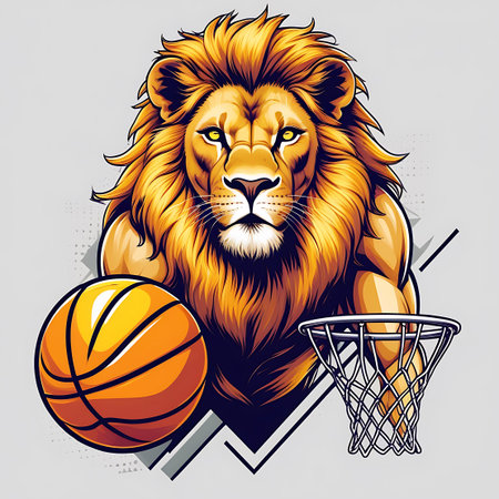 An illustration of a muscular lion with a fierce expression, holding a basketball next to a basketball hoop. The lion is depicted with a prominent mane and strong, defined muscles. The artwork is stylized with bold lines and vibrant colors, suitable for a sports mascot or graphic design element.の素材