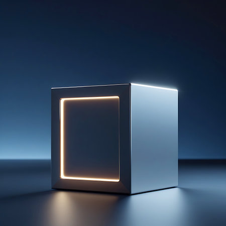A metallic cube is positioned on a dark, reflective surface. A square frame on the front face of the cube is illuminated with a warm orange light. The edges of the cube also have a subtle white light reflection. The background is a dark blue gradient.の素材