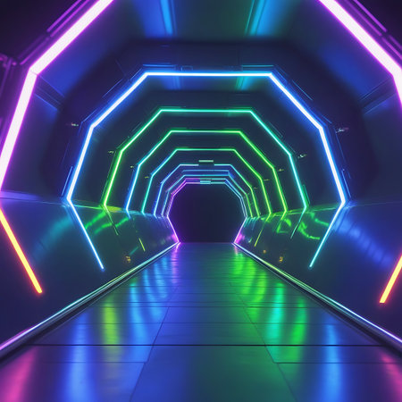 A striking futuristic tunnel with an octagonal structure, illuminated by a spectrum of neon lights including purple, green, and yellow. The clean lines and geometric repetition create a sense of depth and advanced technology. The reflective floor enhances the vibrant glow, drawing the viewer into the abstract, digital space.の素材