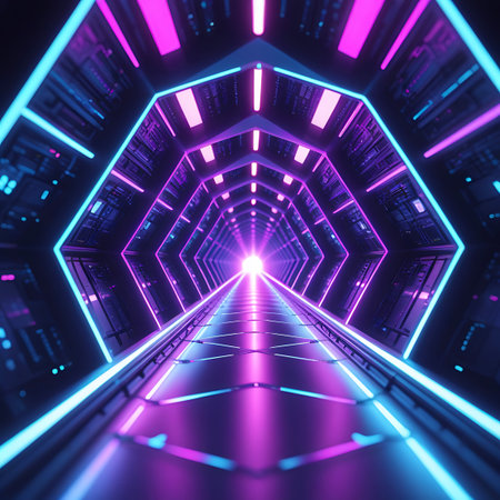 An endless hexagonal tunnel stretches into the distance, illuminated by vibrant neon lights in shades of pink and electric blue. The geometric structure of the tunnel, with its repeating hexagonal shapes and glowing lines, creates a sense of depth and futuristic motion. The floor of the tunnel has a metallic sheen, reflecting the bright lights and adding to the sci-fi aesthetic.の素材