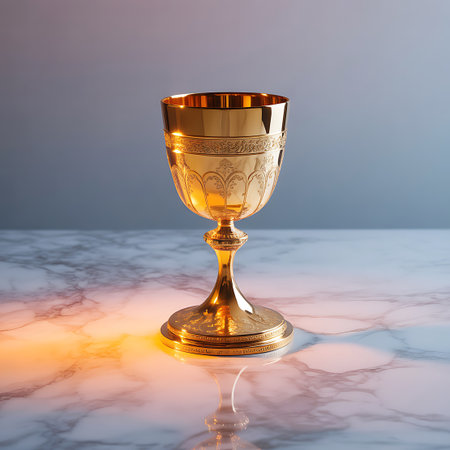A highly polished, ornate golden goblet with intricate engraved patterns sits on a reflective marble surface. The goblet has a wide bowl, a decorative stem, and a detailed base. Warm light illuminates the object from the left, casting a soft glow and a reflection on the marble. The background is a softly lit, gradient of grey and blue.の素材