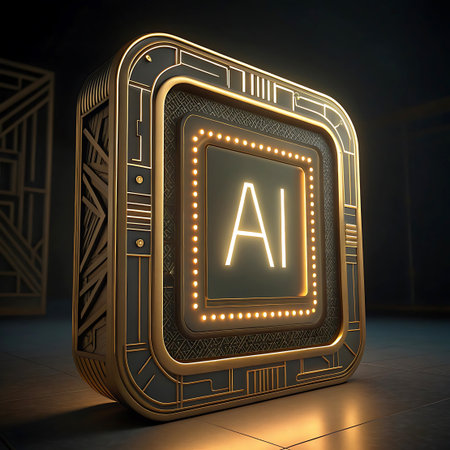A stylized, ornate chip representing Artificial Intelligence. It is rendered in metallic gold with intricate detailing and dark accents. The central display features the letters "AI" in a bright, glowing white, surrounded by a ring of small, warm yellow lights. The chip is presented on a dark, reflective surface, with subtle background elements suggesting a sophisticated technological environment.の素材