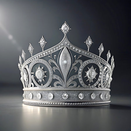 A highly detailed and ornate silver crown, encrusted with numerous sparkling diamonds. The crown features intricate filigree work, decorative motifs, and prominent gemstones. It is presented on a dark, subtly lit background, highlighting its metallic sheen and the brilliance of the diamonds. The image evokes a sense of royalty, luxury, and historical grandeur.の素材