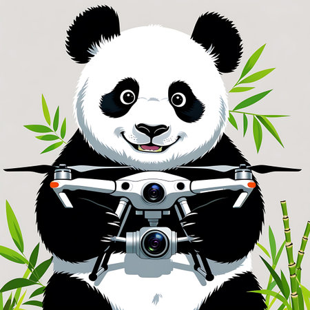 This cartoon image features a happy panda bear holding a white drone with its propellers extended. The drone is equipped with a camera. The panda is surrounded by green bamboo leaves and stalks, with a light-colored background. The drone has small orange lights.の素材