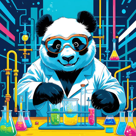 A panda wearing a white lab coat and orange safety goggles is depicted in a science laboratory. The panda is focused on conducting an experiment, with various glass beakers, test tubes, and flasks containing colorful liquids arranged on a yellow surface. The background features intricate scientific apparatus and blue-toned lighting.の素材