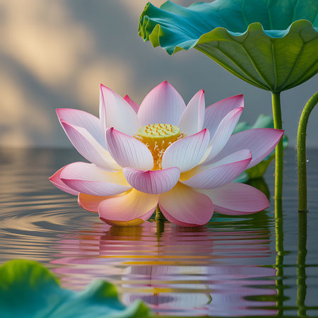 A beautiful pink and white lotus flower floats serenely on the surface of calm water, creating gentle ripples. The flower's delicate petals are unfurling, revealing its yellow center. Large green lotus leaves are visible in the foreground and background, and the soft sunlight casts a warm glow on the scene. The reflection of the flower and leaves is visible in the water.の素材