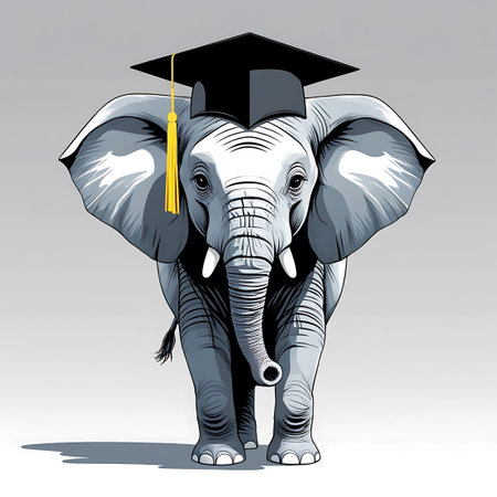 A front-facing, detailed illustration of a grey elephant wearing a black graduation cap with a prominent yellow tassel. The elephant is depicted with realistic textures and shading, showcasing its large ears and tusks. It stands on a light grey background with a distinct shadow beneath its feet, emphasizing its presence. The image conveys a sense of academic accomplishment and intelligence.の素材