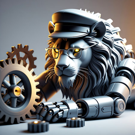 A robotic lion, wearing a cap and glasses, is depicted in a close-up view, meticulously assembling gears and small mechanical components. Its metallic body is rendered in shades of silver and grey, with visible joints and actuators. The focus is on the intricate details of its hands and the surrounding machinery, suggesting a process of precise engineering.の素材