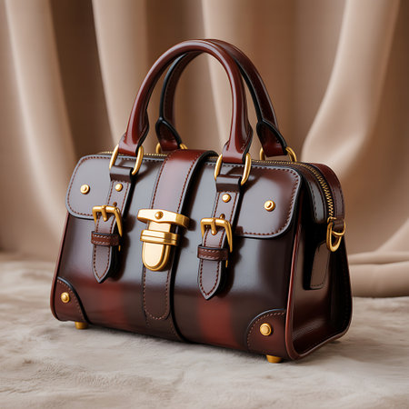 A rich, dark brown leather handbag is displayed against a soft, textured background. The bag is adorned with multiple gold-colored buckles and straps, a prominent gold zipper, and gold stud details. Its polished surface gleams, showcasing the deep color and texture of the leather.の素材