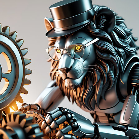 A detailed steampunk robot lion, adorned with a metallic top hat and spectacles, is shown intently working with intricate gears and machinery. The robot's metallic body gleams, reflecting the warm light. Its paws are positioned to manipulate small cogwheels, suggesting a process of creation or repair. The background is a soft gradient, highlighting the complexity of the mechanical subject.の素材