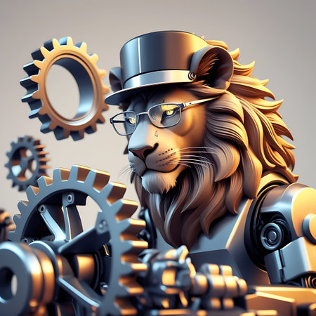 A close-up of a steampunk robot lion wearing a top hat and glasses, with its metallic paws actively manipulating a complex arrangement of gears. The robot's face is detailed, with glowing yellow eyes. Several gears are visible, some in motion, creating a dynamic sense of mechanical activity. The lighting highlights the metallic textures and intricate design.の素材