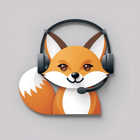 A stylized illustration of an orange fox wearing black headphones with a microphone. The fox has a friendly, smiling expression and its bushy white-tipped tail is visible. It is depicted against a neutral grey background.の素材