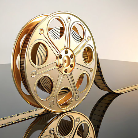A gleaming golden film reel is captured in a studio setting, resting on a highly reflective surface. A film strip is unspooling from the reel, creating a dynamic visual. The metallic sheen and intricate design of the reel, along with the detail of the film strip, evoke a sense of cinematic history and artistry.の素材