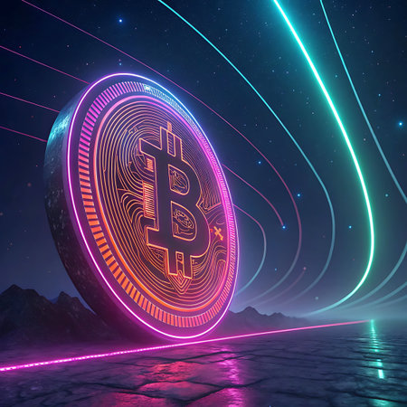 A large, illuminated Bitcoin coin with a neon glow in shades of pink and orange dominates the foreground. It stands in a futuristic, rocky landscape under a starry night sky. Glowing neon lines in cyan and pink curve and sweep across the scene, creating a sense of motion and advanced technology. The ground is textured with illuminated stone-like patterns.の素材