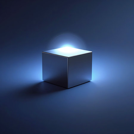 A perfectly polished, metallic cube rests on a dark, subtly lit surface. A bright, intense blue light emanates from behind and above the cube, casting a strong glow and creating a halo effect around its edges. The reflective surface of the cube mirrors the light and the surrounding environment, creating a striking and minimalist visual.の素材