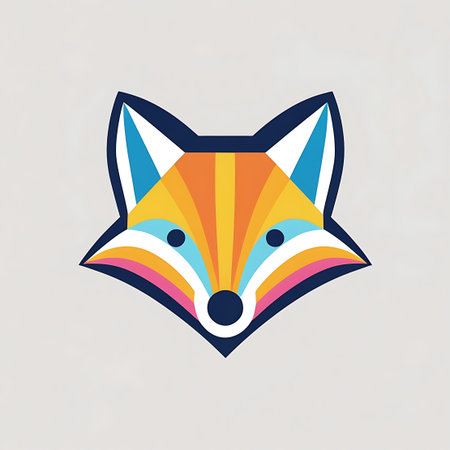 A stylized, geometric depiction of a fox's head is presented against a light gray background. The face is constructed from radiating segments of vibrant colors including orange, yellow, white, pink, and blue, framed by a dark blue outline. The eyes are depicted as simple blue dots, and the nose is a small black circle. The overall design is symmetrical and modern, conveying a sense of playful energy.の素材