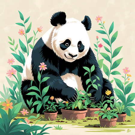 This charming illustration depicts a panda bear diligently tending to seedlings in multiple terracotta pots. The panda is surrounded by a variety of green plants and small, colorful flowers. The scene is set against a soft, textured background, emphasizing the panda's gentle interaction with the growing plants.の素材
